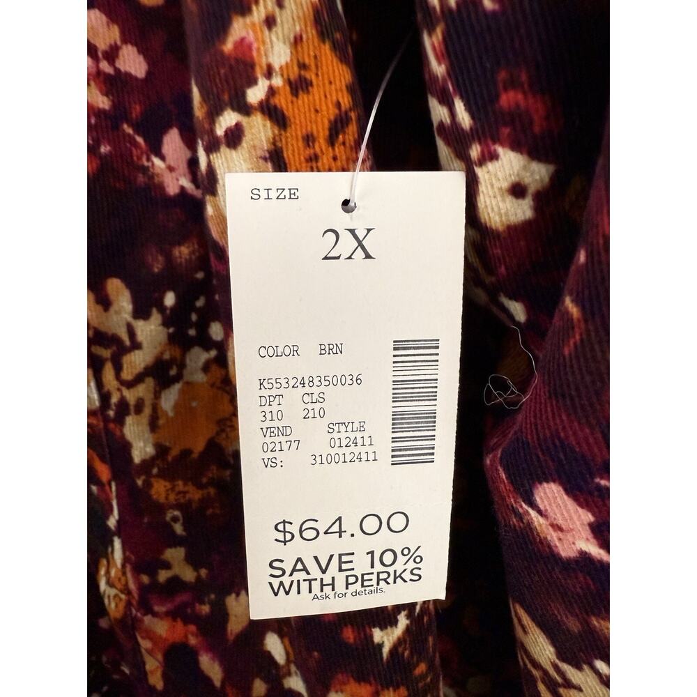 Catherines Button Down Shirt Women 2X Brown Corduroy Long Sleeve Abstract Print - Picture 3 of 7